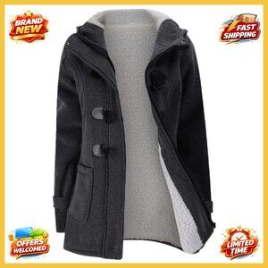 Horn Button Fleece Hooded Coat Winter Warm Jacket Chic Classic Y2K